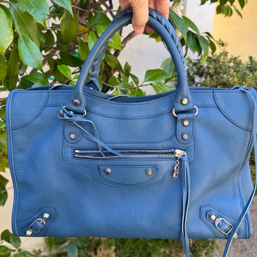 Auth Balenciaga F/W 2016 Blue Peacock Bleu Canard Vibrato Calfskin Pebbled City